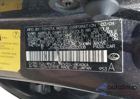 2004 Lexus Es 330 z USA, uszkodzony, nr VIN JTHBA30G445032008